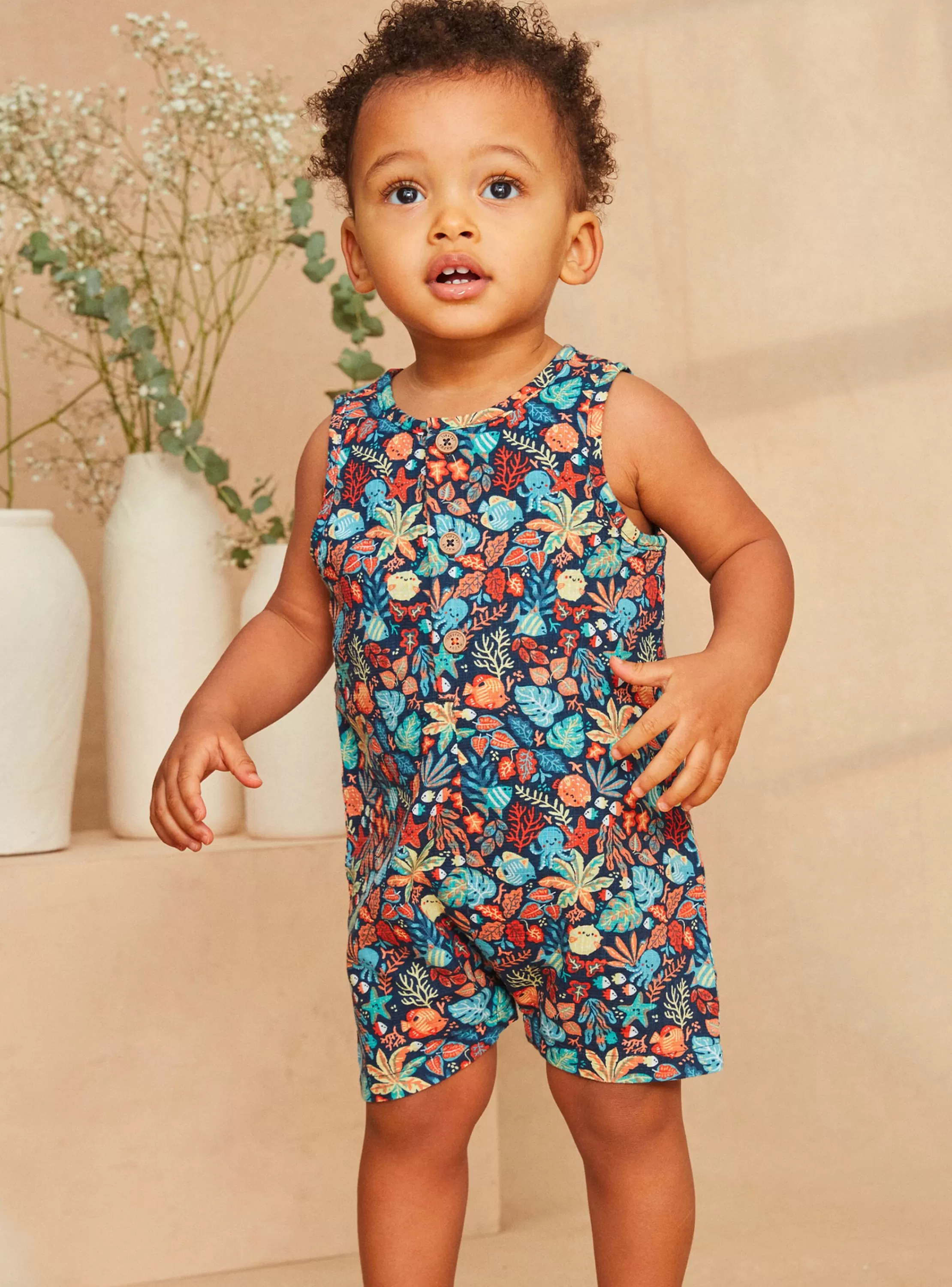 Flash Sale Sergent Major Combishort en popeline bleu marine &agrave; imprim&eacute; poisson et feuilles multicolores