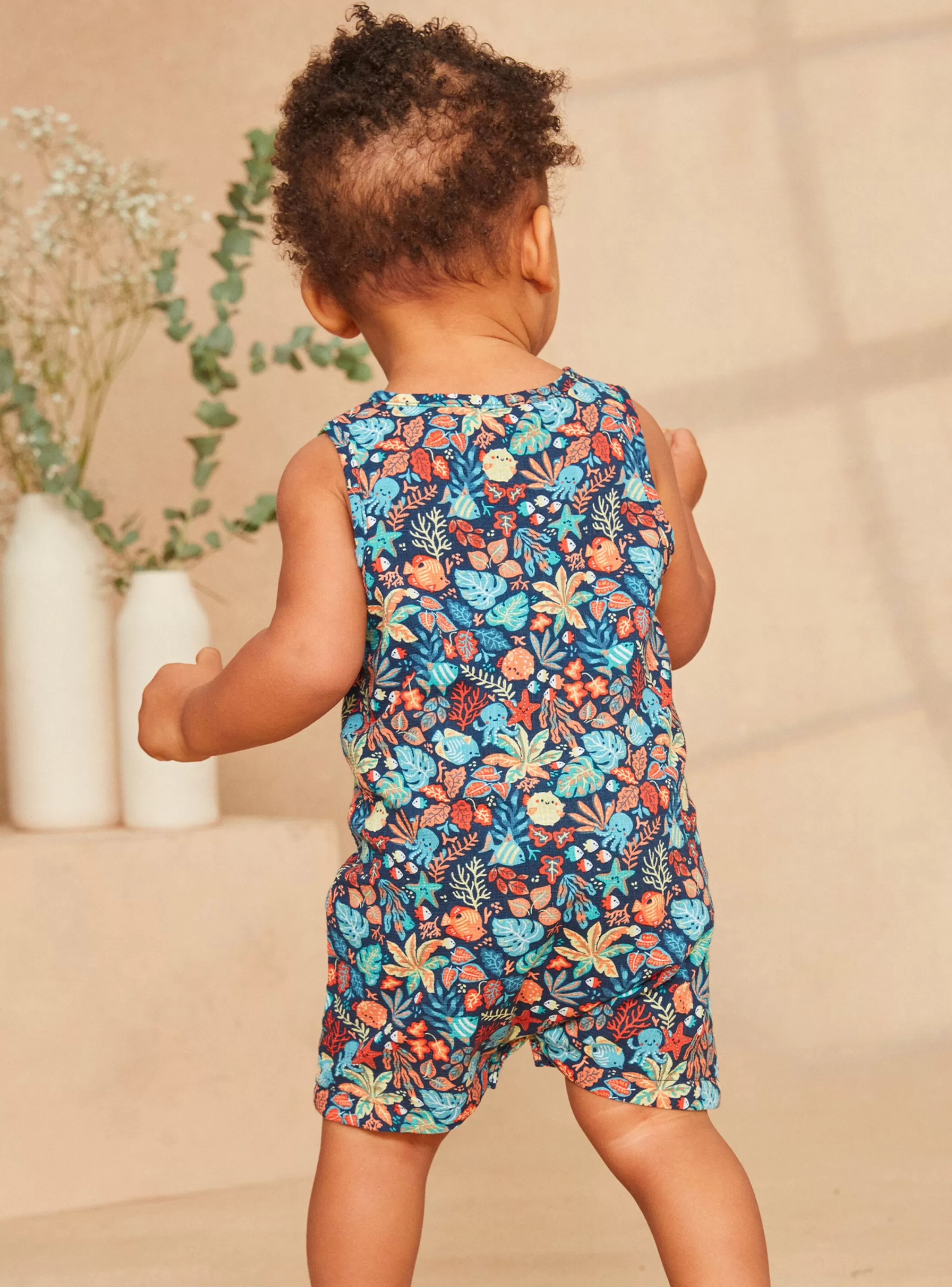 Flash Sale Sergent Major Combishort en popeline bleu marine à imprimé poisson et feuilles multicolores
