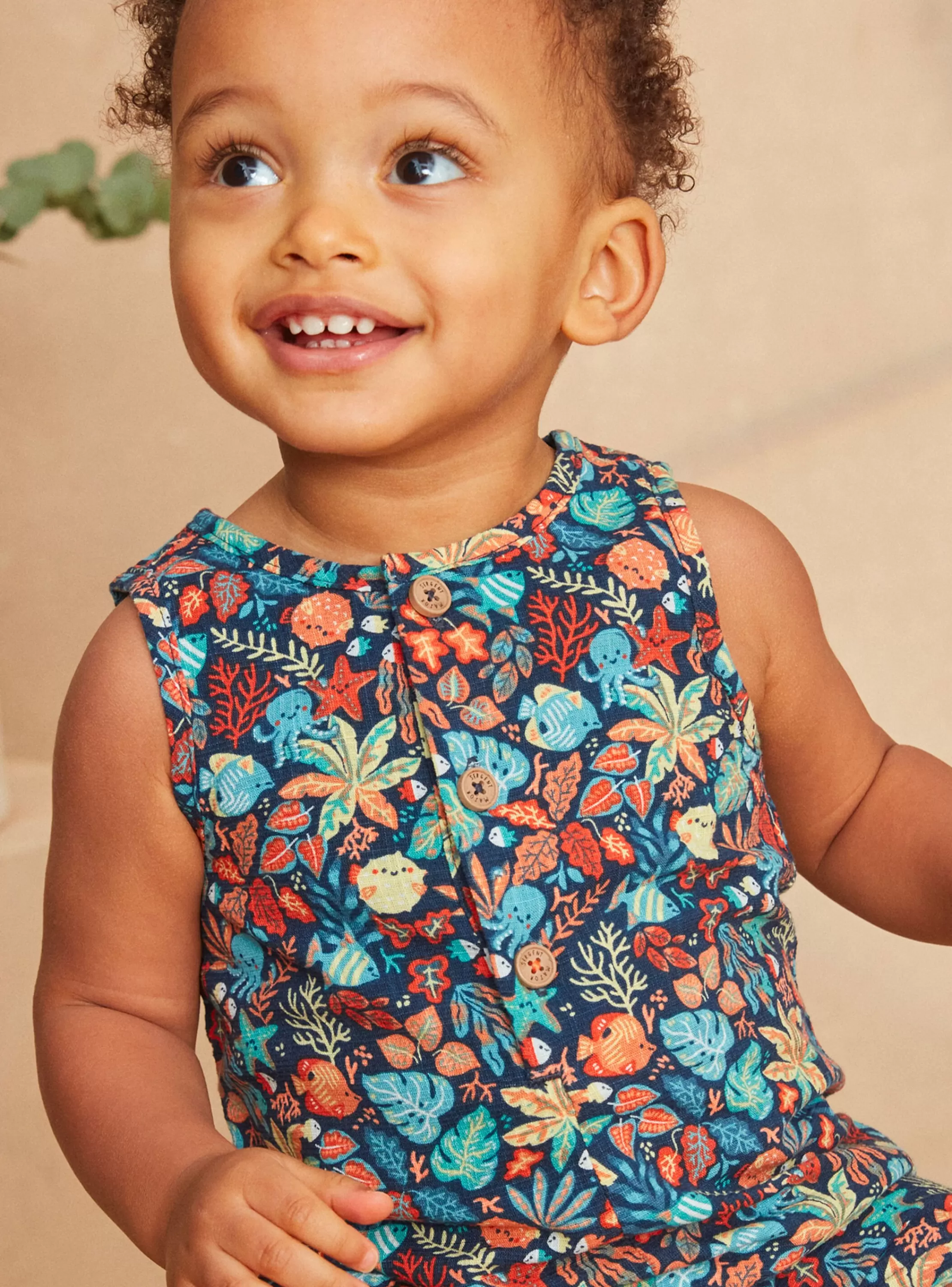 Flash Sale Sergent Major Combishort en popeline bleu marine à imprimé poisson et feuilles multicolores