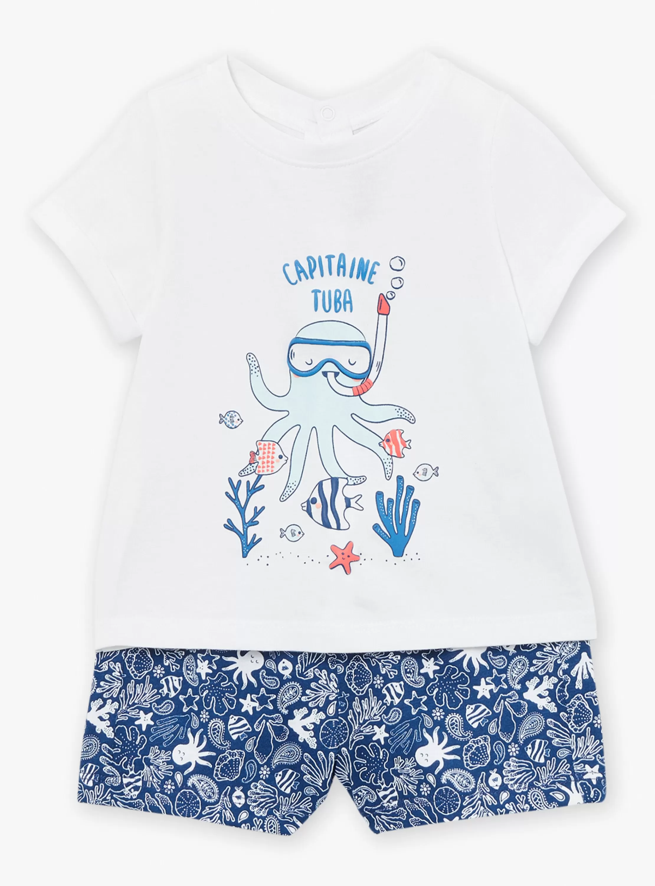 Flash Sale Sergent Major Combishort en popeline bleu marine à imprimé poisson et feuilles multicolores
