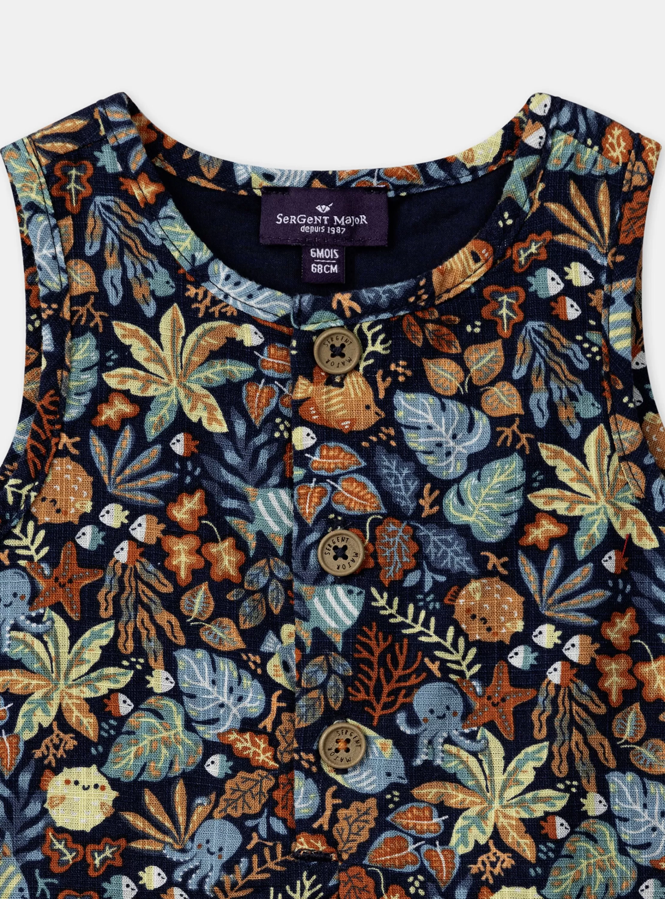Flash Sale Sergent Major Combishort en popeline bleu marine à imprimé poisson et feuilles multicolores