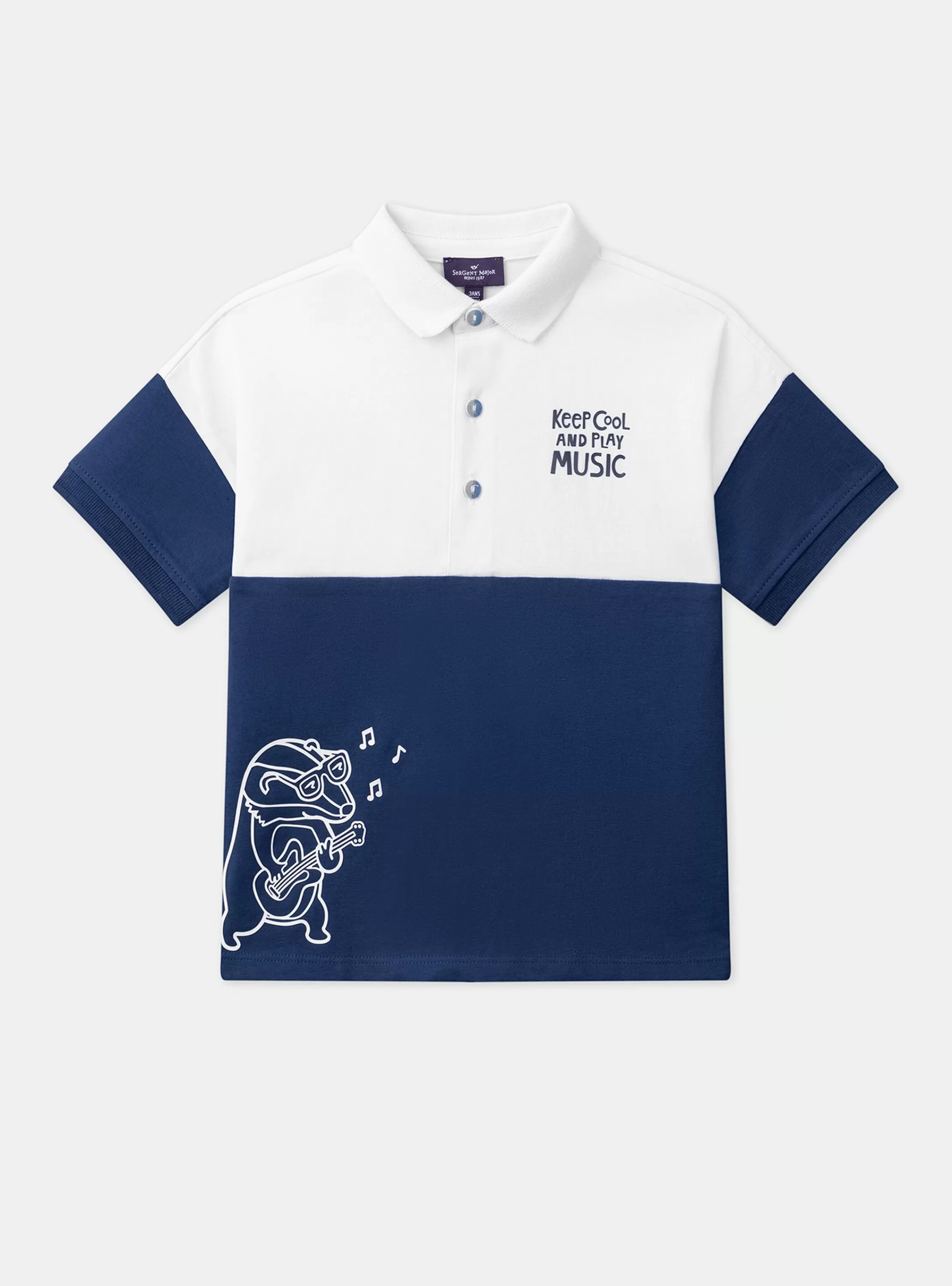 Best Sergent Major Polo bleu et blanc en jersey à motif blaireau guitariste