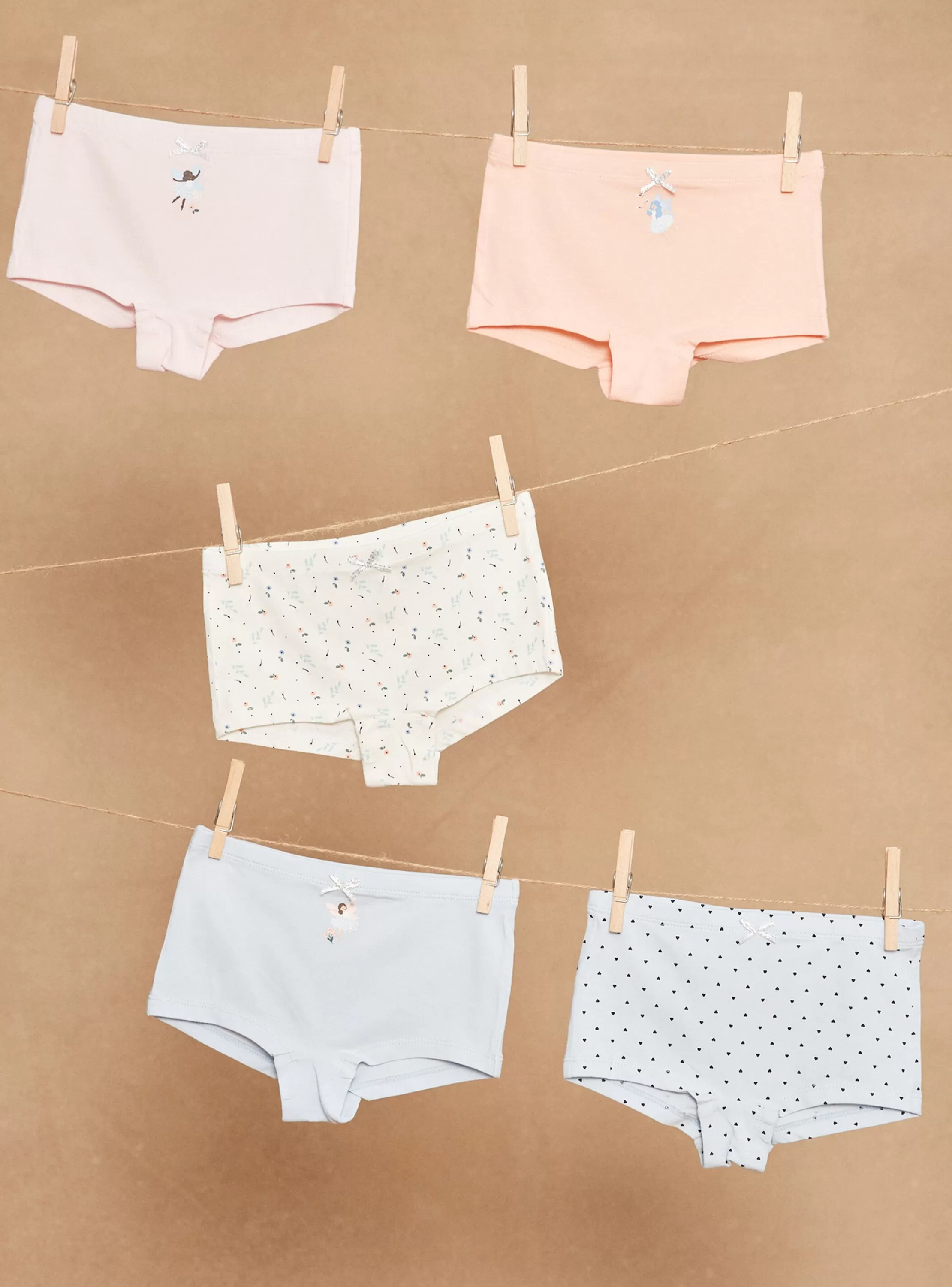Discount Sergent Major 5 shortys ciel, écru, rose et orange à imprimé curs et fleuris et motifs fées danseuses